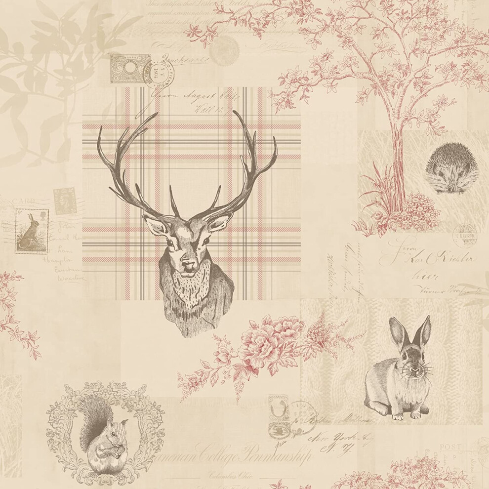 Holden Woodland Animals Stag Squirrel Hedgehog Metallic Wallpaper Cranbery 98010