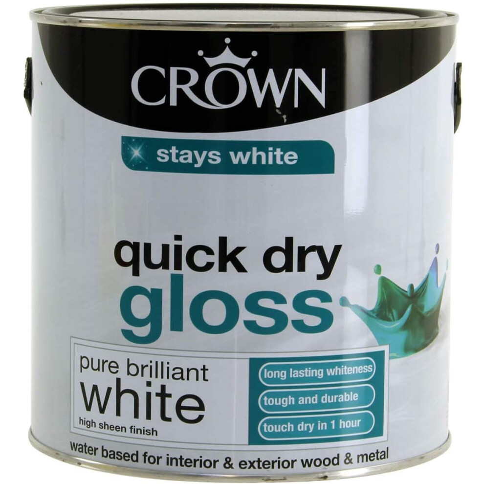 Crown 2.5L Quick Dry Gloss Paint - Pure Brilliant White for Wood & Metal - Durable, Long-Lasting Finish