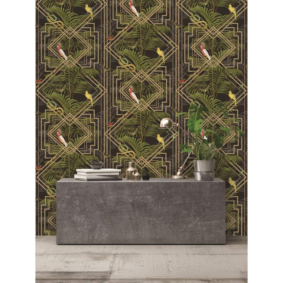 Holden Decor - Tropical Congo Geometric Jungle Animals Wallpaper - Black 90202