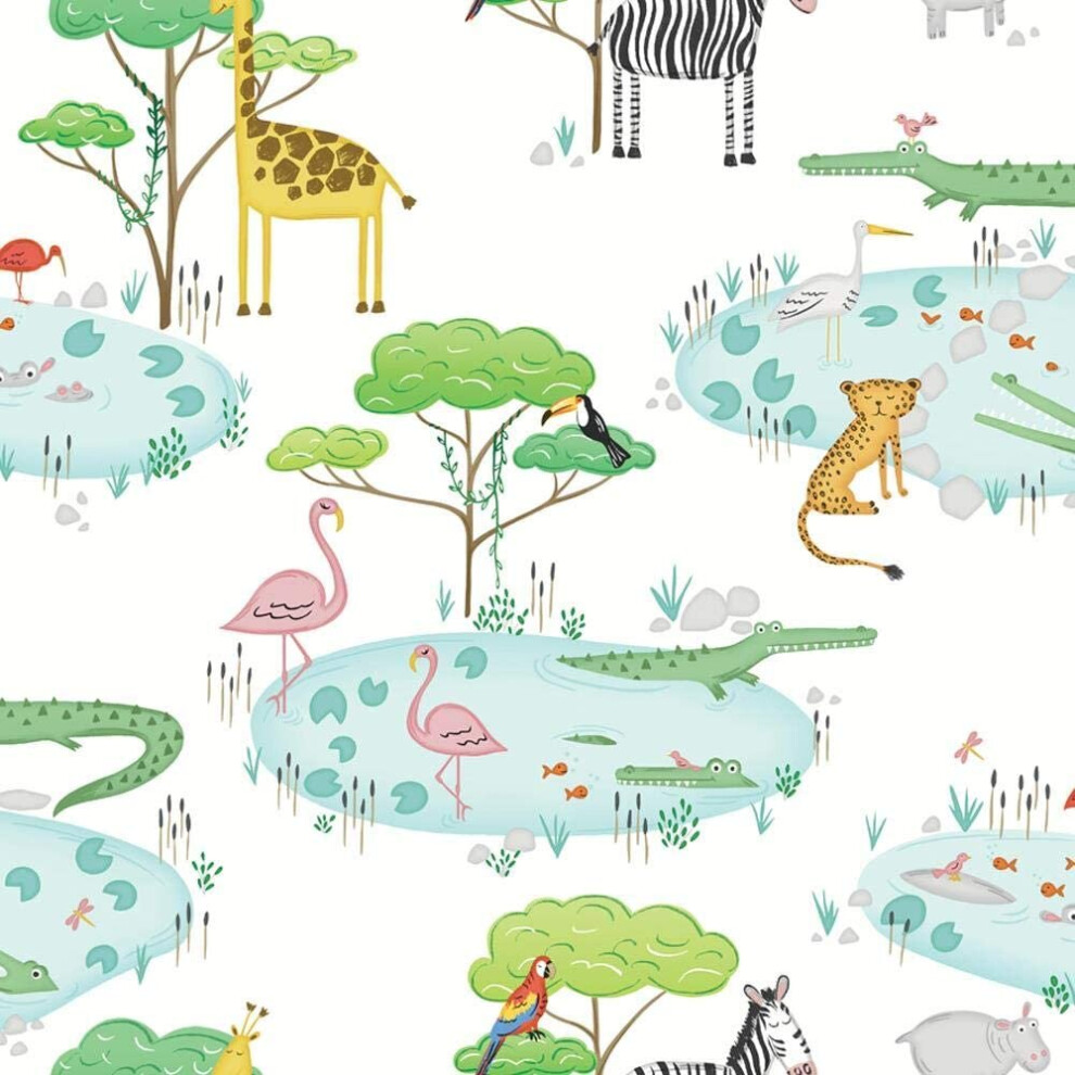 Holden Kids Animals Lake Wallpaper Crocodile Flamingo Zebra Giraffe White 90930 5056301429724