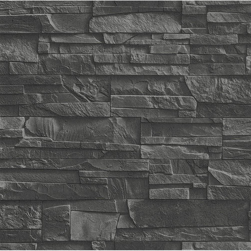 Rasch Slate Brick 3D Effect Brick Slate Pattern Wallpaper - Black - 475036 4000441438307