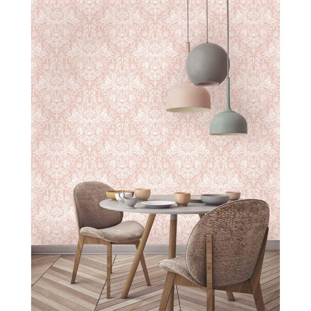 Holden Decor - Harlen Woodland Dasmask Luxury Wallpaper - Coral Pink - 90161