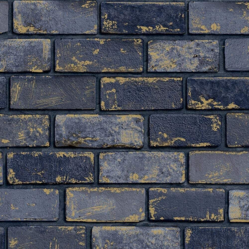 Arthouse Arthouse 3D Effect Navy Blue Gold Metallic Brick Wallpaper Stone Industrial
