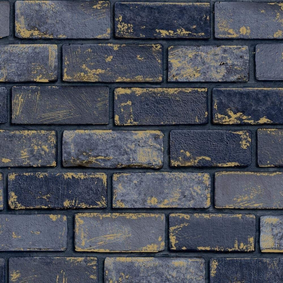 Arthouse 3D Effect Navy Blue Gold Metallic Brick Wallpaper Stone Industrial