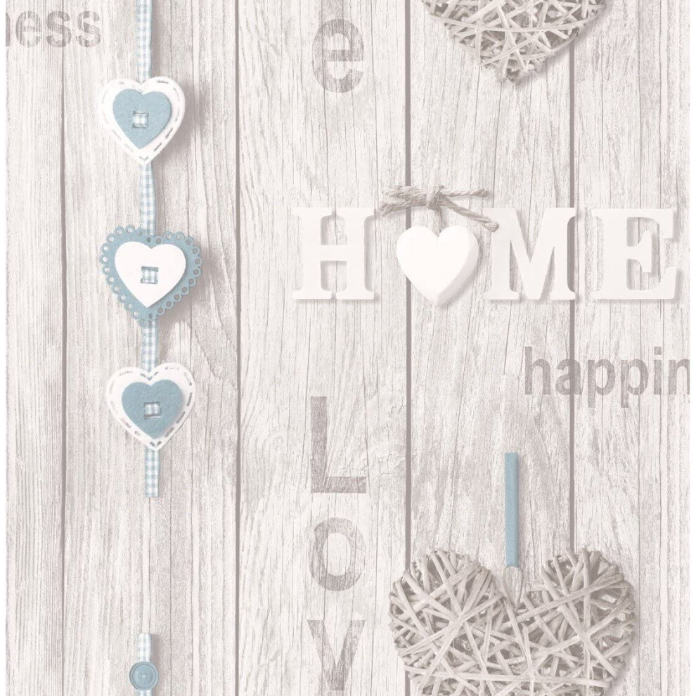 Fine Decor Wallpaper - Love Your Home - Wood Panels - Blue Hearts - FD41719