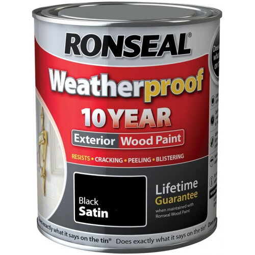 Ronseal 10 Year Weatherproof Satin Black Exterior Paint 750ml - No Primer Needed, 10-Year Protection
