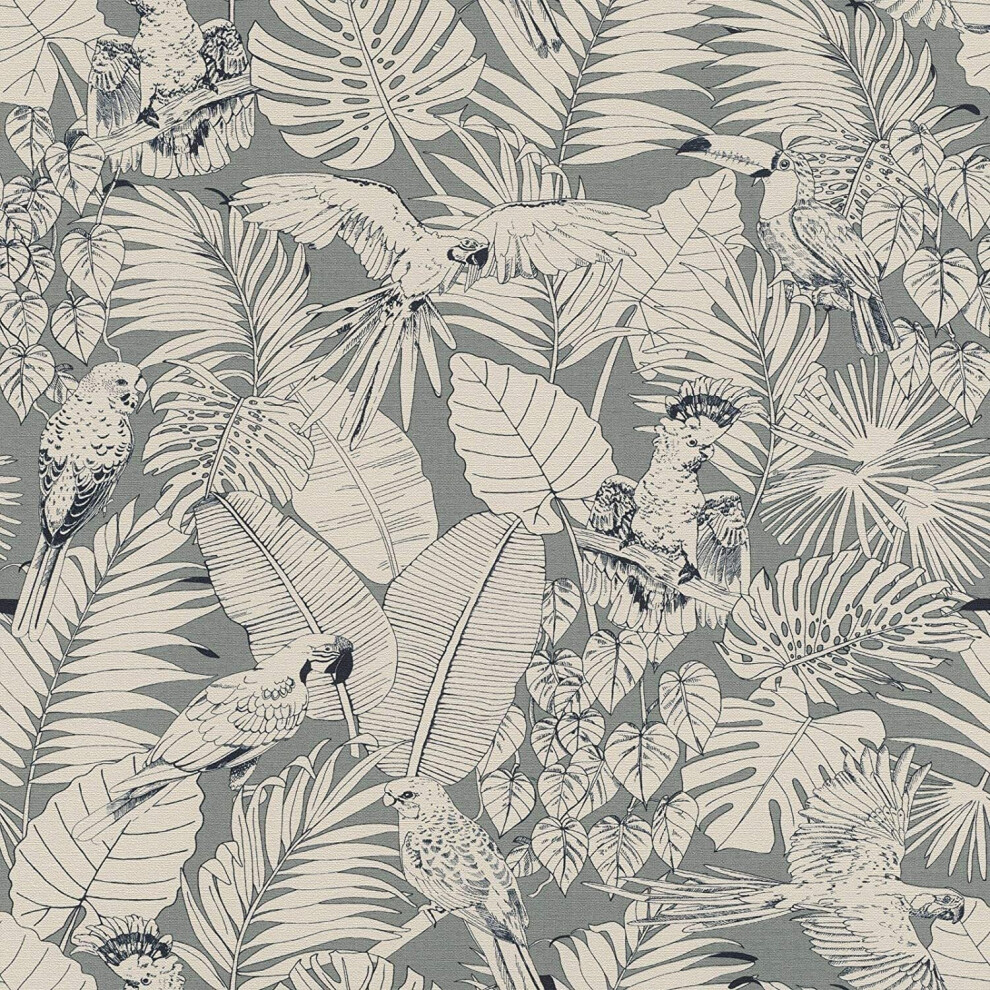 Rasch Madagascar Tropical Parrot Bird Palm Leaf Texture Grey Wallpaper 447835