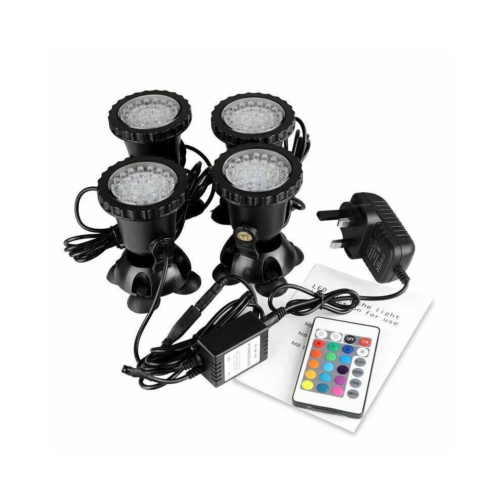 (4 Lights + 1 Remote) LED RGB Garden Pond Spotlight Submersible Light Aquarium Fountain Pool + Remote