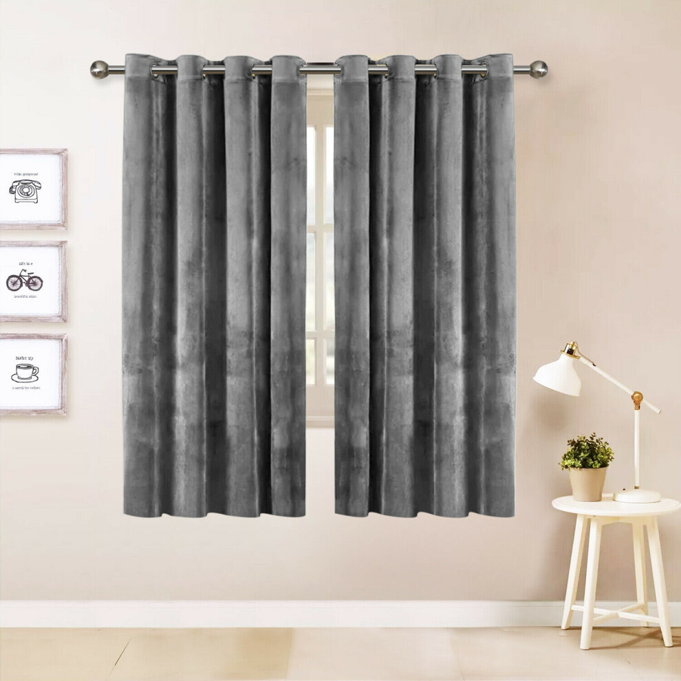 (Grey) Eyelet Ring Top Velvet Small Pair Curtains For Bedroom Living Room Hotel 46 x 54