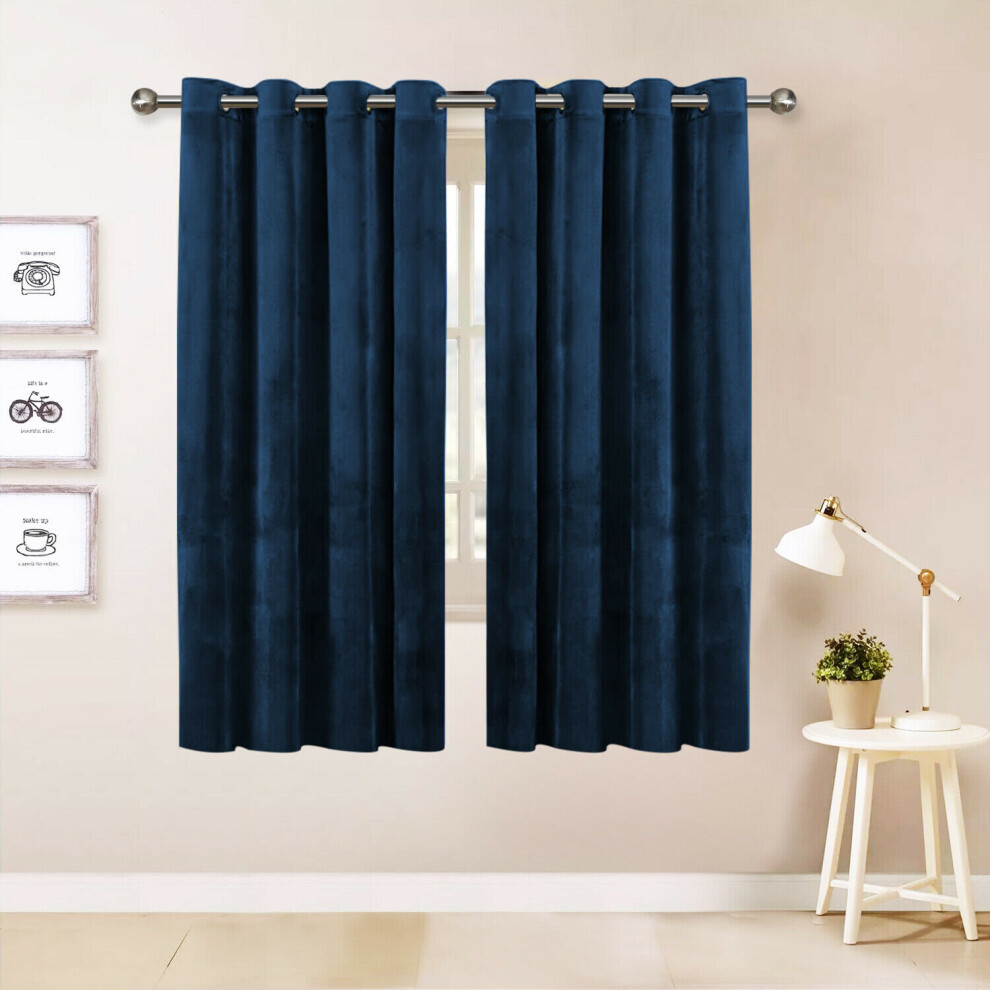 (Blue) Eyelet Ring Top Velvet Small Pair Curtains For Bedroom Living Room Hotel 46 x 54