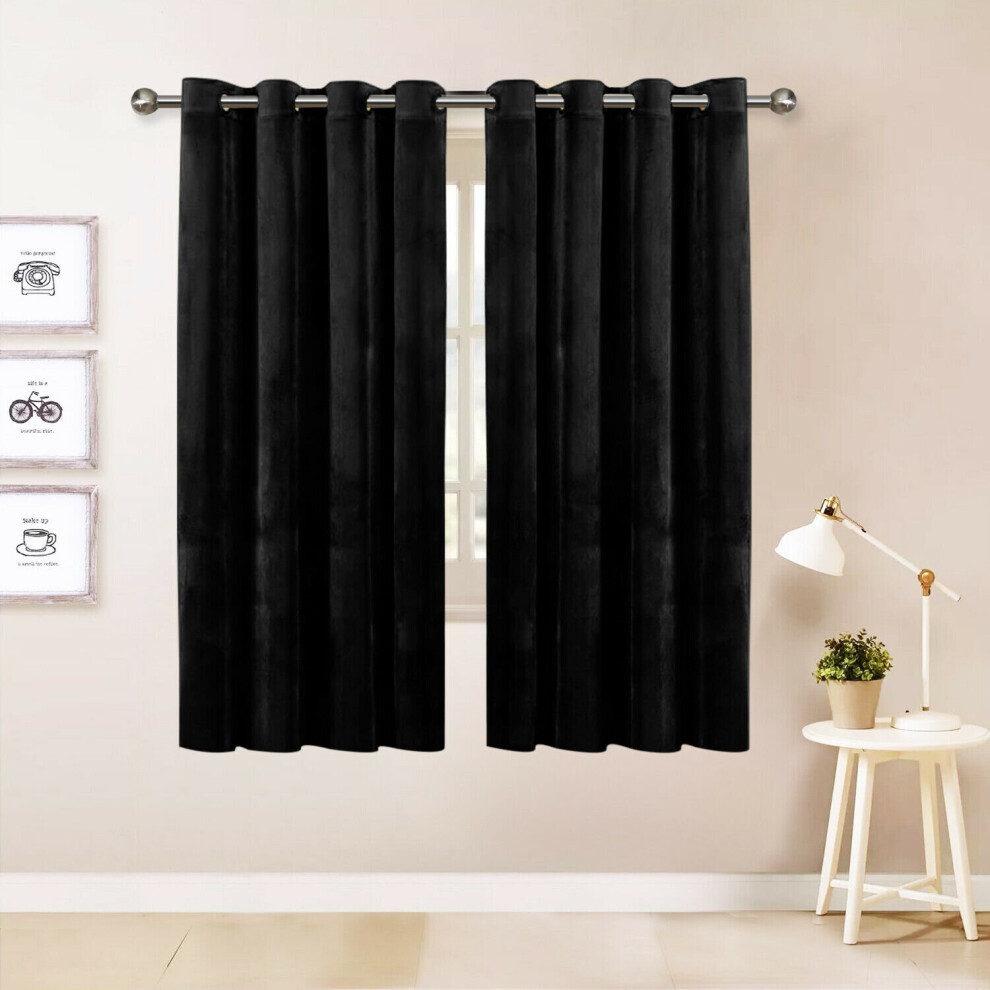 (Black ) Eyelet Ring Top Velvet Small Pair Curtains For Bedroom Living Room Hotel 46 x 54