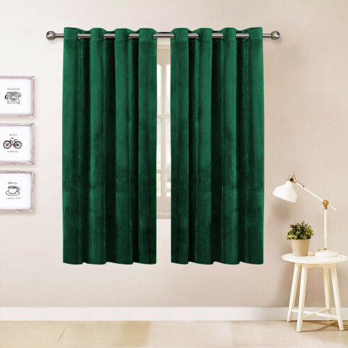 Imperial Rooms (Green) Short Curtains Pair Thick Velvet Eyelet Ring Top