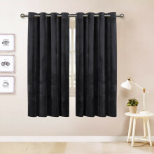 (Charcoal) Short Curtains Pair Thick Velvet Eyelet Ring Top