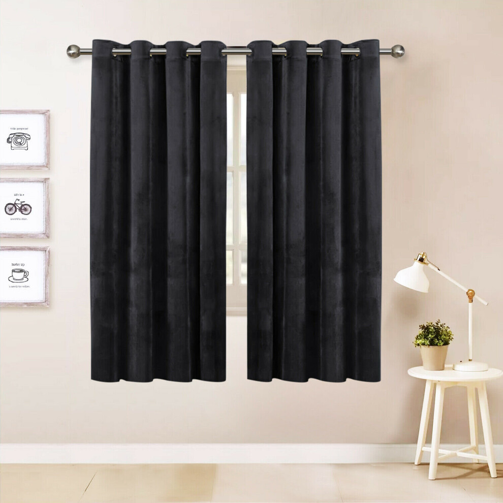 (Charcoal) Eyelet Ring Top Velvet Small Pair Curtains For Bedroom Living Room Hotel 46 x 54