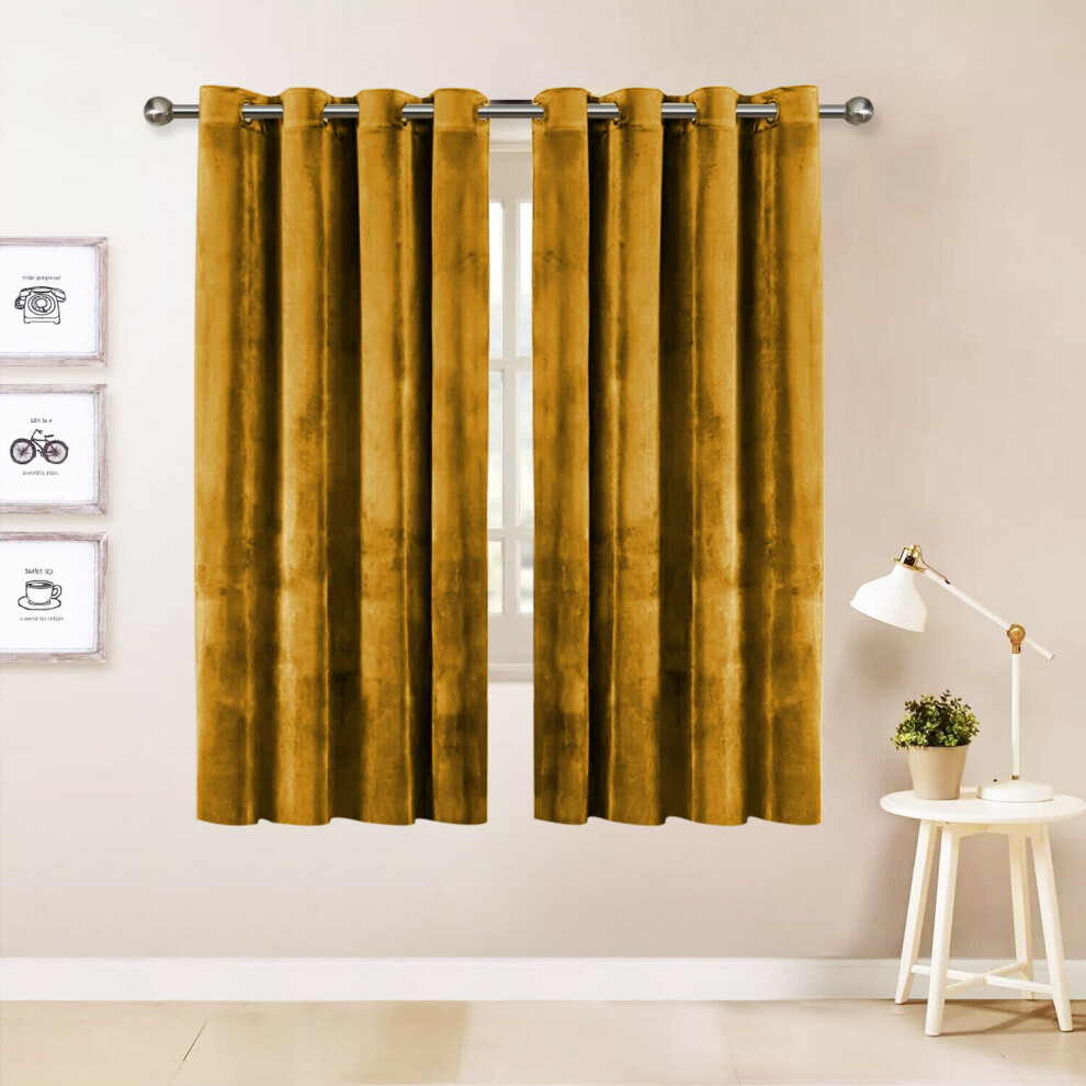 (Ochre) Short Curtains Pair Thick Velvet Eyelet Ring Top