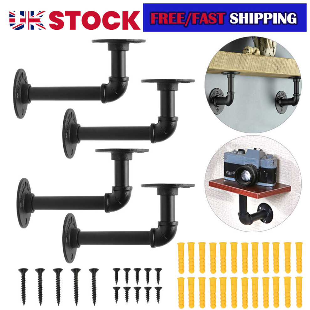 Black 6Pcs Pipe Shelf Brackets Industrial Iron Wall Floating Shelves Support Size 6