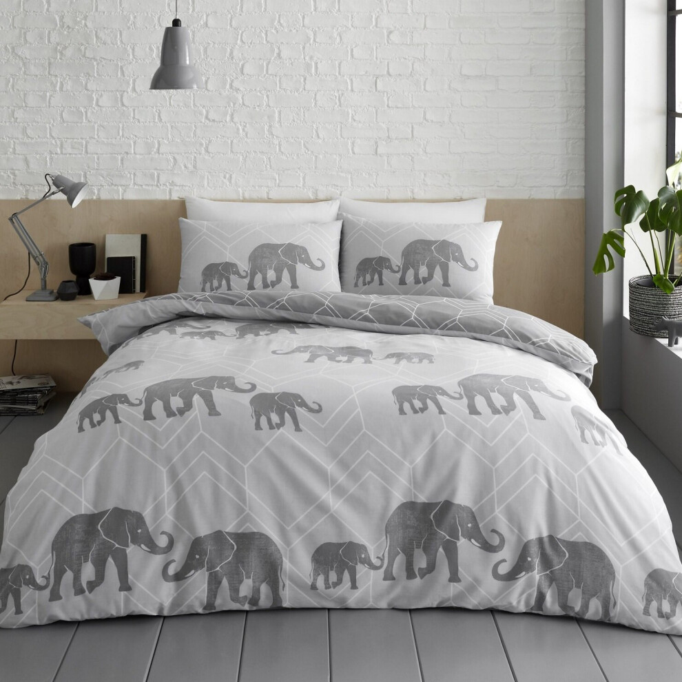 Geometric Geo Elephant Charcoal & Grey Double Duvet Quilt Cover Bedding Bed Set