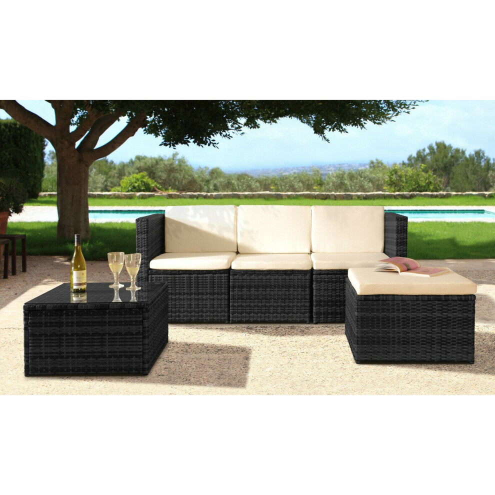 (Black, Without Cover) 3PC Rattan Garden Patio Furniture Outdoor Set - Sofa, Footstool & Coffee Table