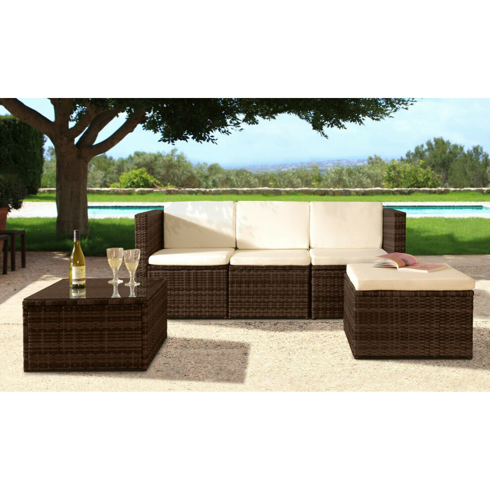 (Brown, With Cover) 3PC Rattan Garden Patio Furniture Outdoor Set - Sofa, Footstool & Coffee Table