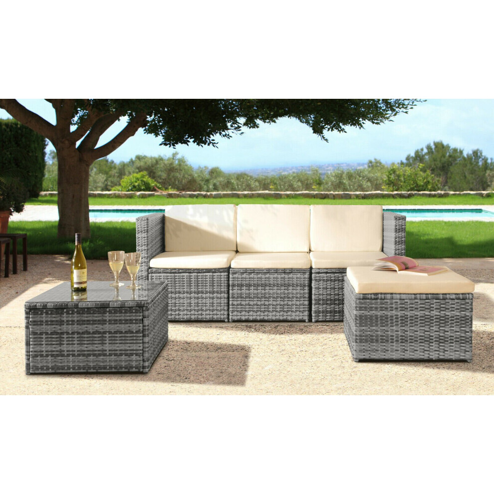 (Grey, Without Cover) 3PC Rattan Garden Patio Furniture Outdoor Set - Sofa, Footstool & Coffee Table