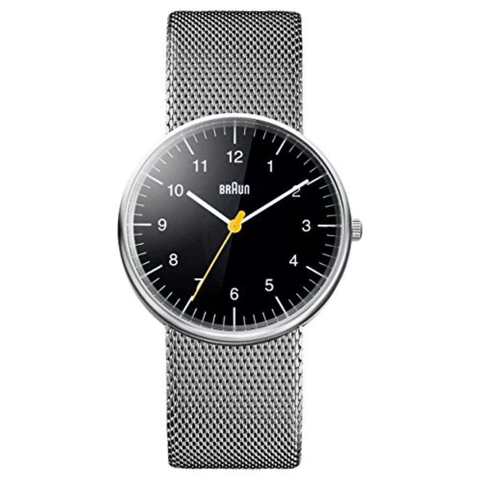 Braun Mens 3-Hand Analogue Quartz Watch, Black Dial and Steel Milanese Mesh Strap, 38mm Stainless Steel Case, model BN0021BKSLMHG.