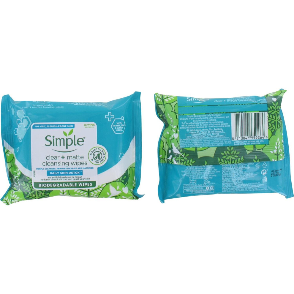 Simple Clear + Matte Cleansing Wipes 20 for Oily, Blemish Prone Skin