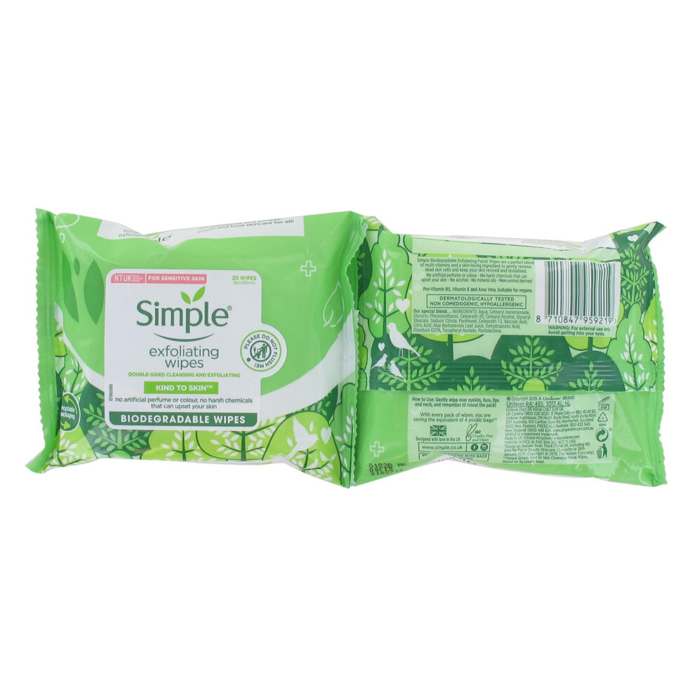 Simple Kind to Skin Exfoliating Wipes - 20 Wipes - Biodegradable Wipes