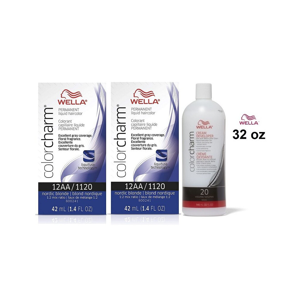 (12AA(2)+Dev(Vol.20)32oz) Wella 12AA Nordic Blonde Color Charm Permanent Liquid Haircolor
