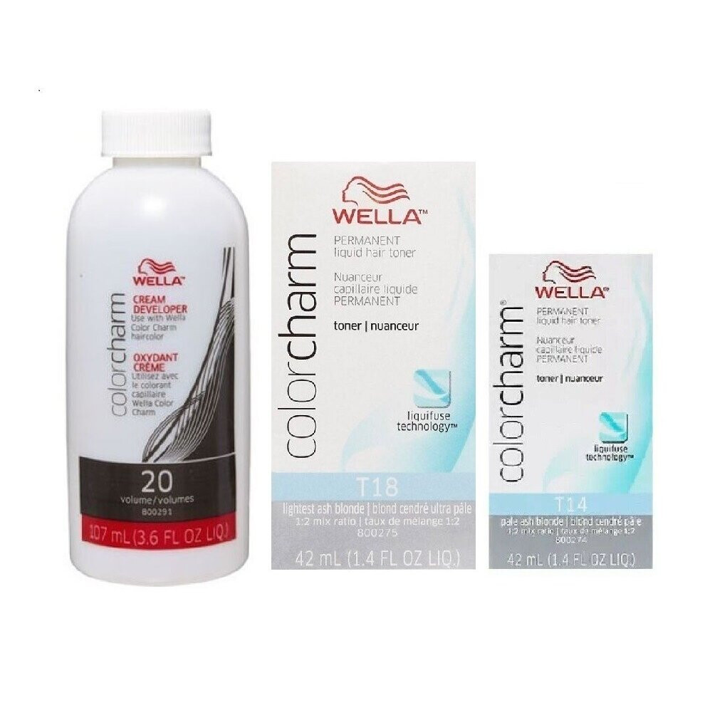 Wella (T18+T14+Dev (Vol. 20) 3.6Oz) T18 + T14 Lightest Ash Blonde & Pale Ash Blonde Hair Toners