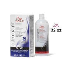 (9A+Dev(Vol.20)32oz) Wella 9A Pale Ash Blonde Color Charm Permanent Liquid Haircolor & Developer (Vol. 20)