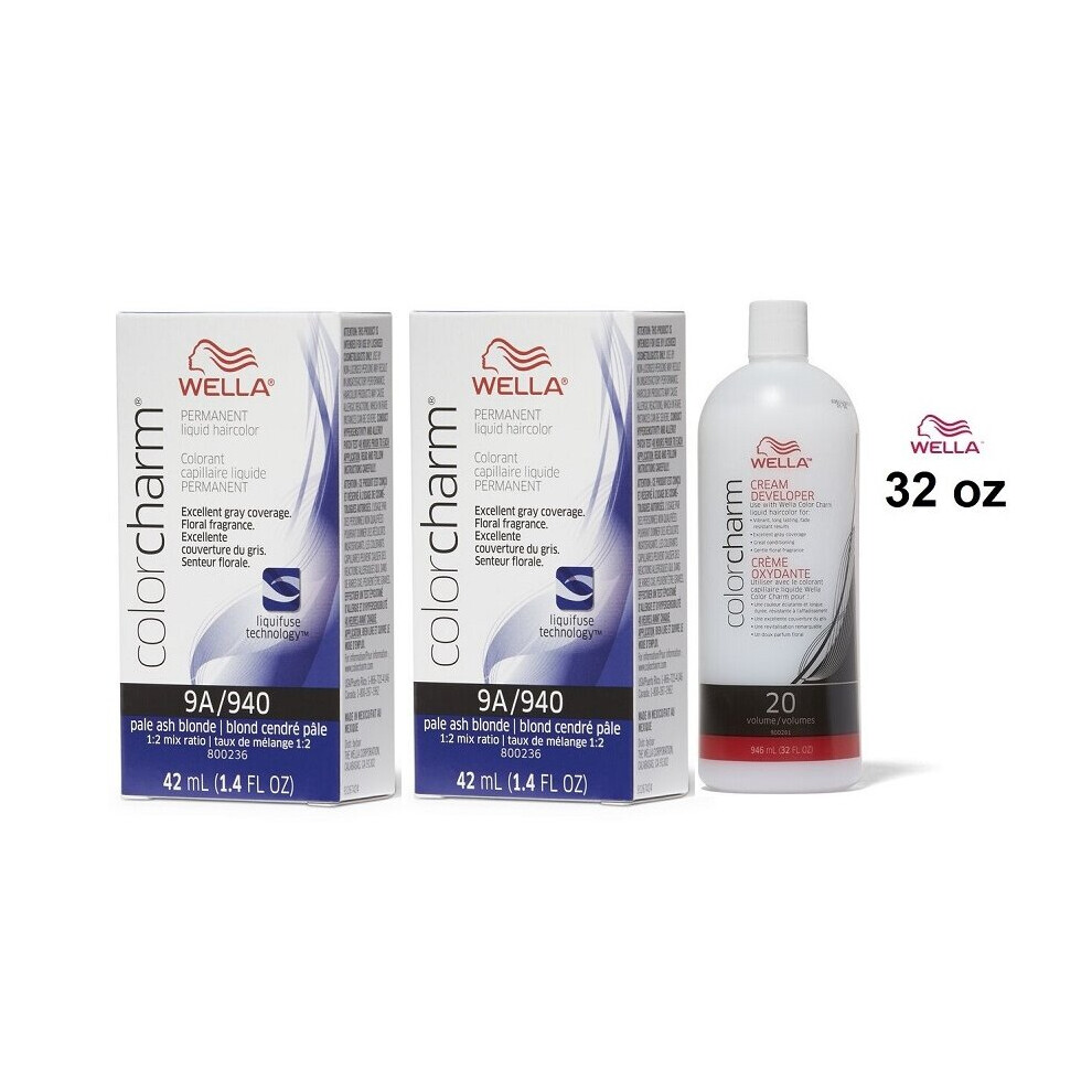 (9A(2)+Dev(Vol.20)32oz) Wella 9A Pale Ash Blonde Color Charm Permanent Liquid Haircolor & Developer (Vol. 20)