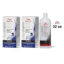 (7A(2)+Dev(Vol.20)32oz) Wella 7A Medium Smokey Ash Blonde Color Charm Permanent Haircolor & Developer (Vol. 20)