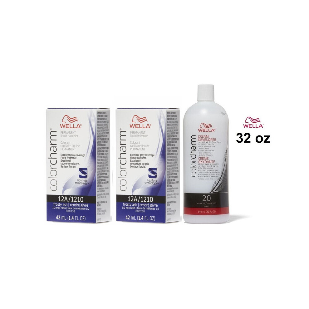 (12A(2)+Dev(Vol.20)32oz) Wella 12A Frosty Ash Color Charm Permanent Liquid Haircolor & Developer (Vol. 20)