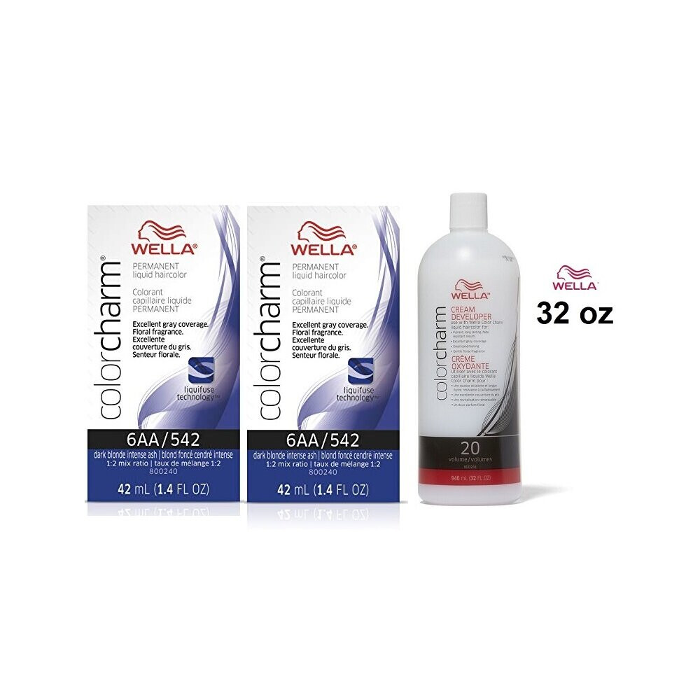 (6A(2)+Dev(Vol.20)32oz) Wella 6A Dark Ash Blonde Color Charm Permanent Liquid Haircolor