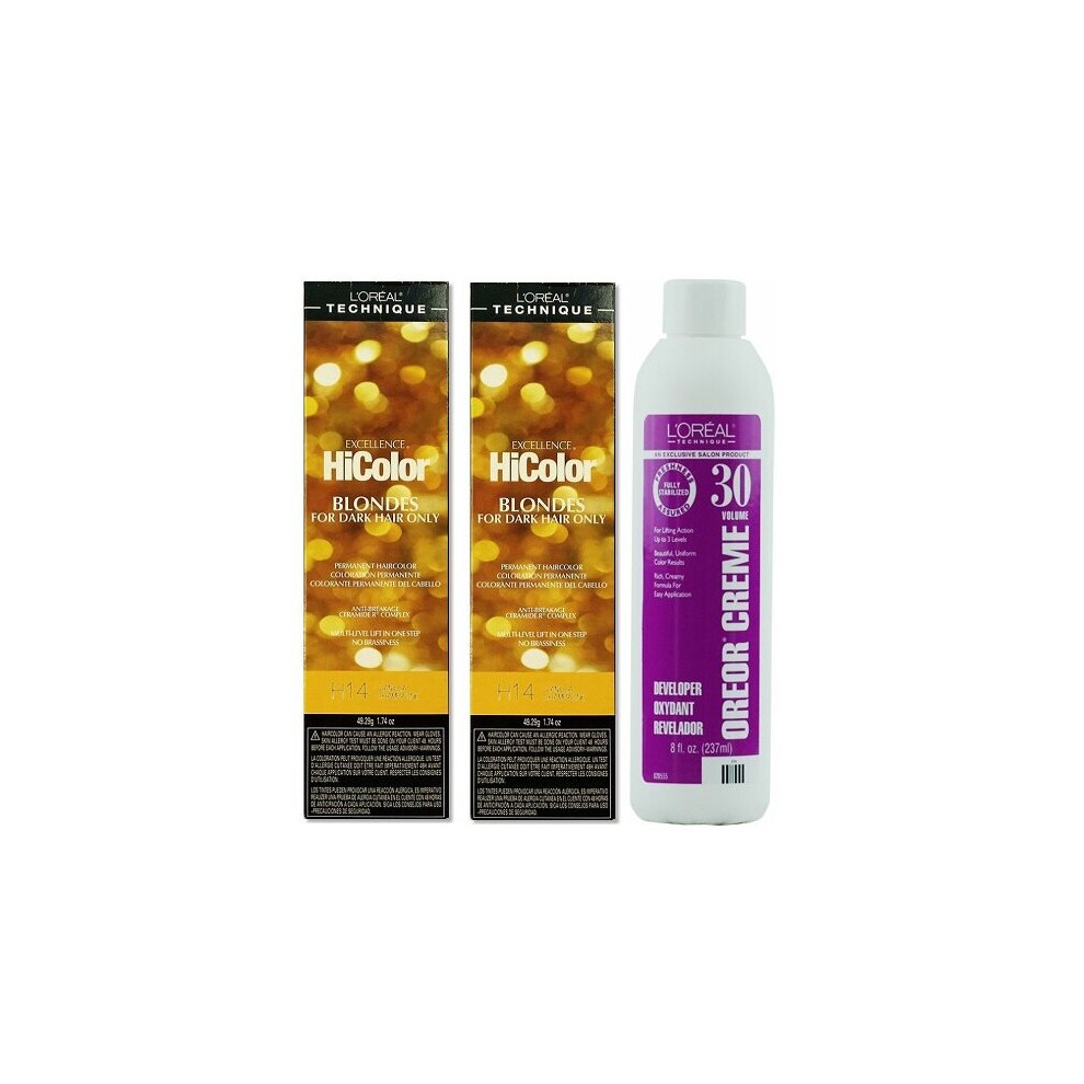 (H14(2)+Dev(Vol.30)8oz) H14 Vanilla Champagne L'Oreal Excellence HiColor BLONDES For Dark Hair Only