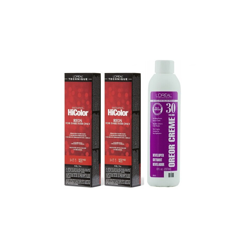 LâOrã©Al Paris Red,Multicoloured (H11(2)+Dev(Vol.30)8Oz) H11 Intense Red L'oreal Excellence Hicolor Reds For Dark Hair Only