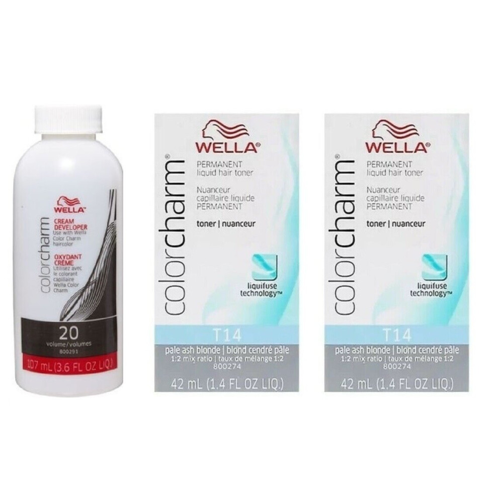 (T14+T14+Dev (Vol. 20) 3.6oz) Wella Color Charm 050 Cooling Violet Permanent Liquid Hair Toner