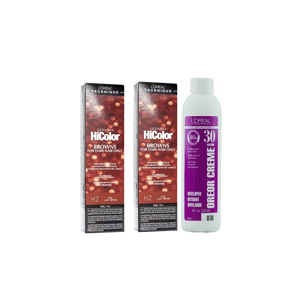 (H2+H2+Dev(Vol.30)8oz) H2 Cool Light Brown L'Oreal Excellence HiColor Browns for Dark Hair Only