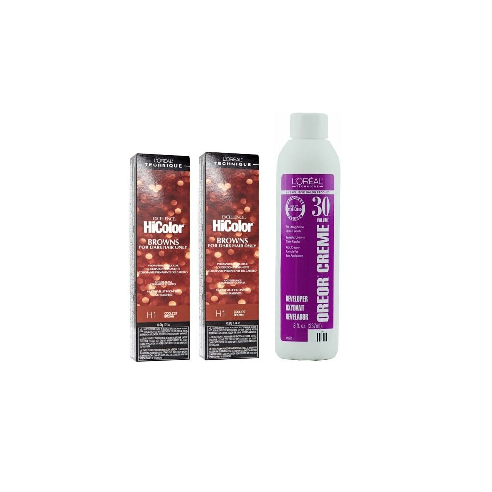 (H1+H1+Dev(Vol.30)8oz) H1 Coolest Brown L'Oreal Excellence HiColor Browns for Dark Hair Only