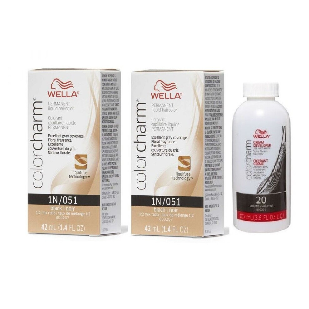Wella (1N(2)+Dev(Vol.20)3.6Oz) 1N Black Color Charm Permanent Liquid Haircolor Black,Multicoloured