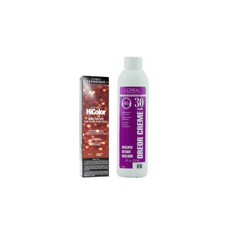 (H1+Dev(Vol.30)8oz) H1 Coolest Brown L'Oreal Excellence HiColor Browns for Dark Hair Only
