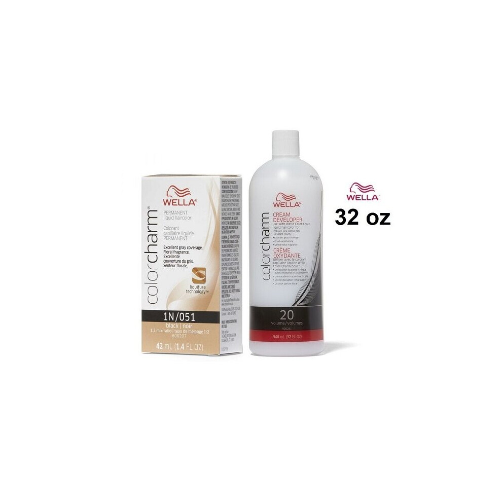 (1N+Dev(Vol.20)32oz) Wella 1N Black Color Charm  Permanent Liquid Haircolor