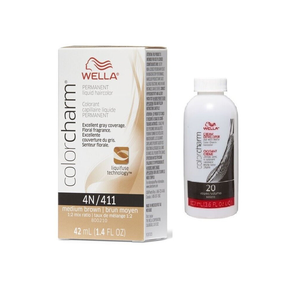Wella Brown,Multicoloured (4N+Dev(Vol.20)3.6Oz) 4N Medium Brown Color Charm Permanent Liquid Haircolor