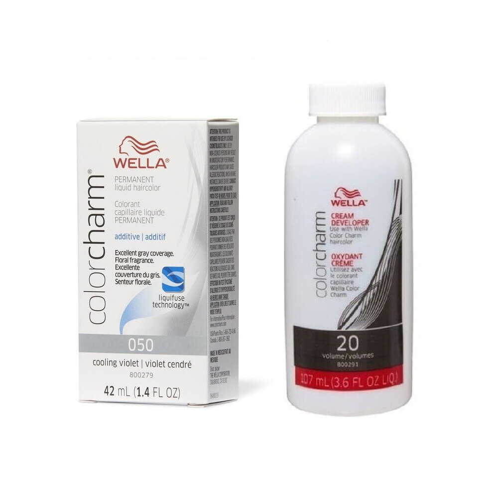 (O50, Dev (Vol.20) 3.6oz) Wella Color Charm 050 Cooling Violet Permanent Liquid Hair Toner