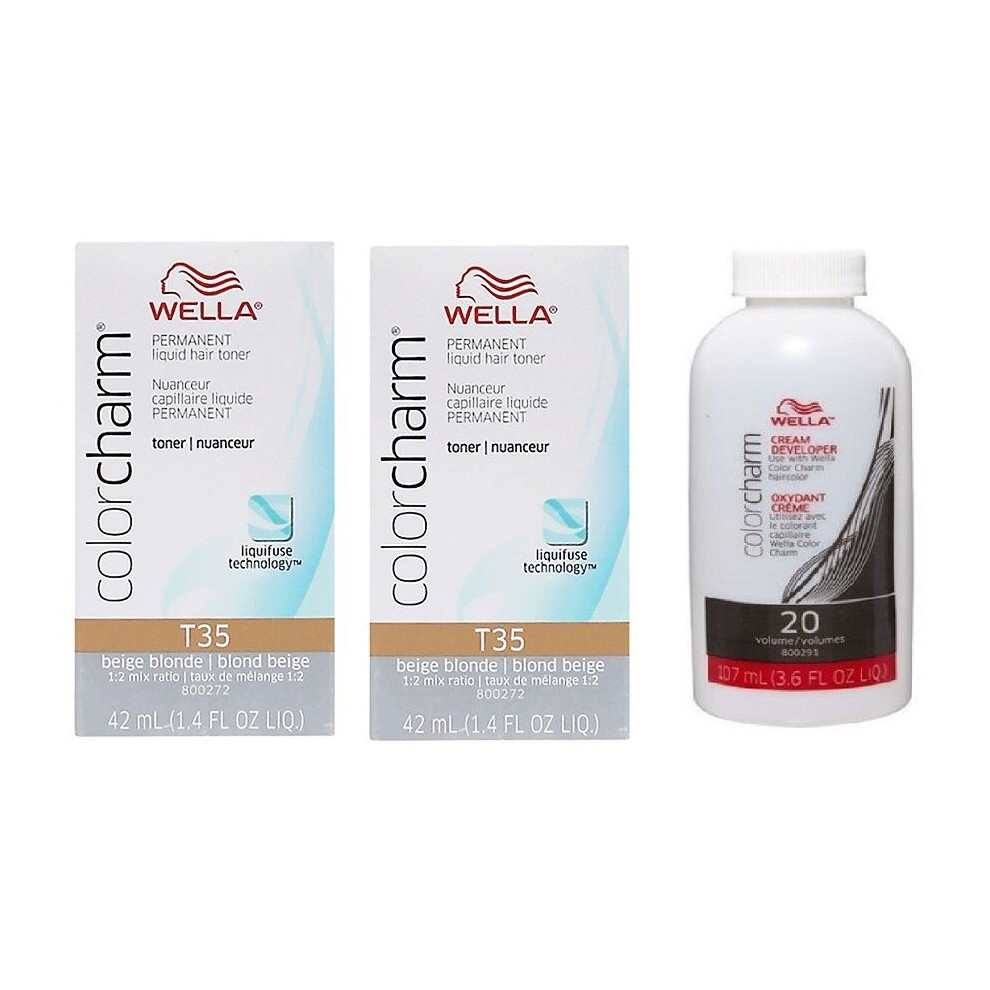 (T35 (2x), Dev (Vol.20) 3.6oz) Wella Color Charm T27 Medium Beige Blonde Permanent Hair Toner