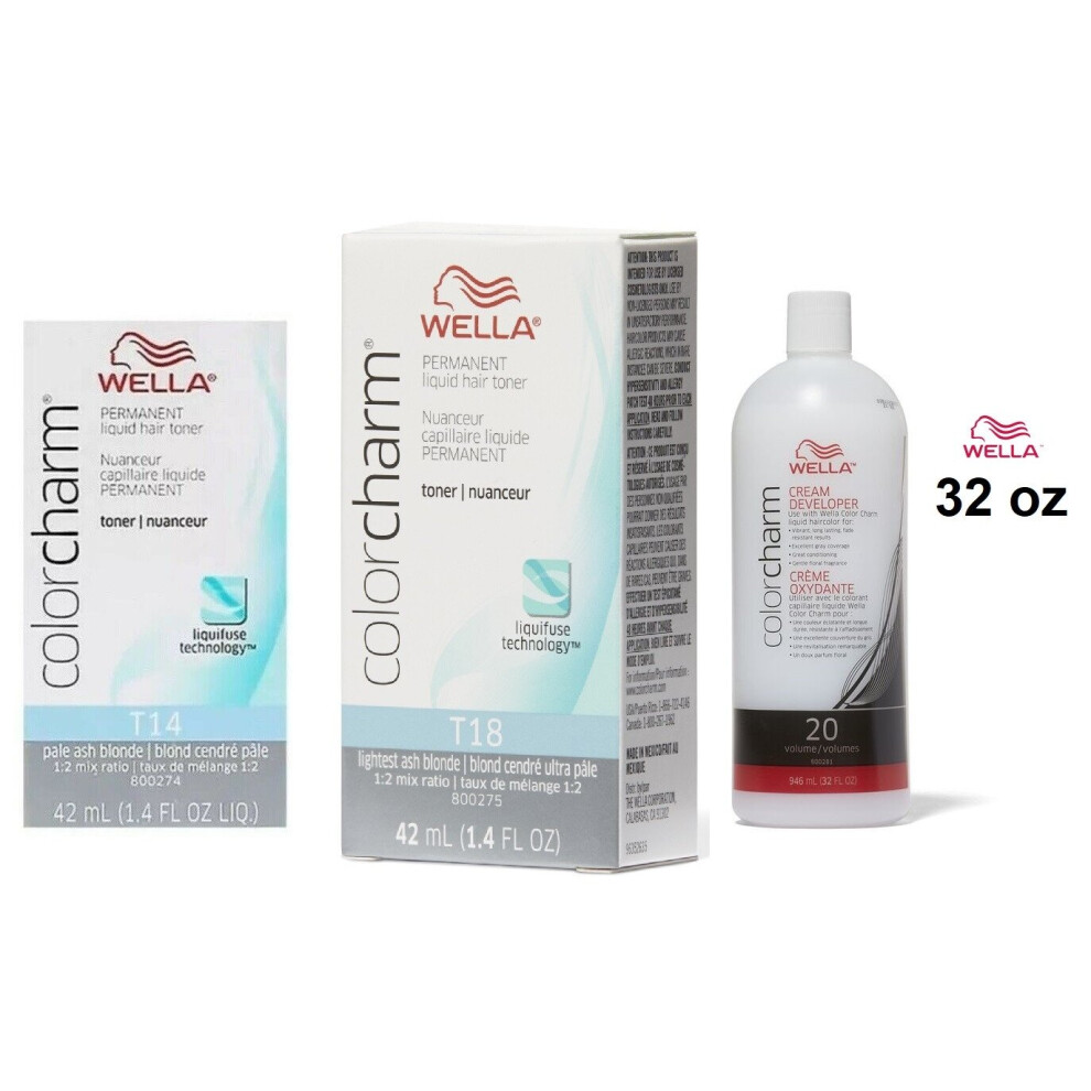 (T18+T14+Dev (Vol. 20) 32oz) Wella Color Charm T14 Pale Ash Blonde Permanent Liquid Hair Toner