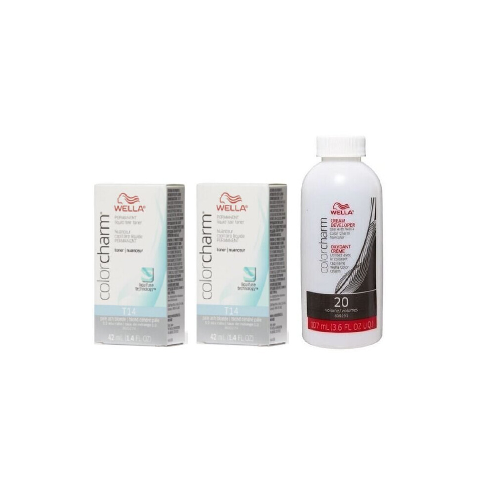 Wella (T14+T14+Dev (Vol. 20) 3.6Oz) Color Charm T14 Pale Ash Blonde Permanent Liquid Hair Toner