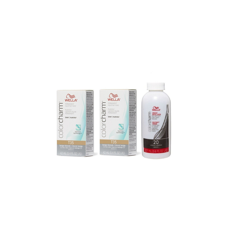 (T35 (2x), Dev (Vol.20) 3.6oz) Wella Color Charm T35 Beige Blonde Permanent Liquid Hair Toner