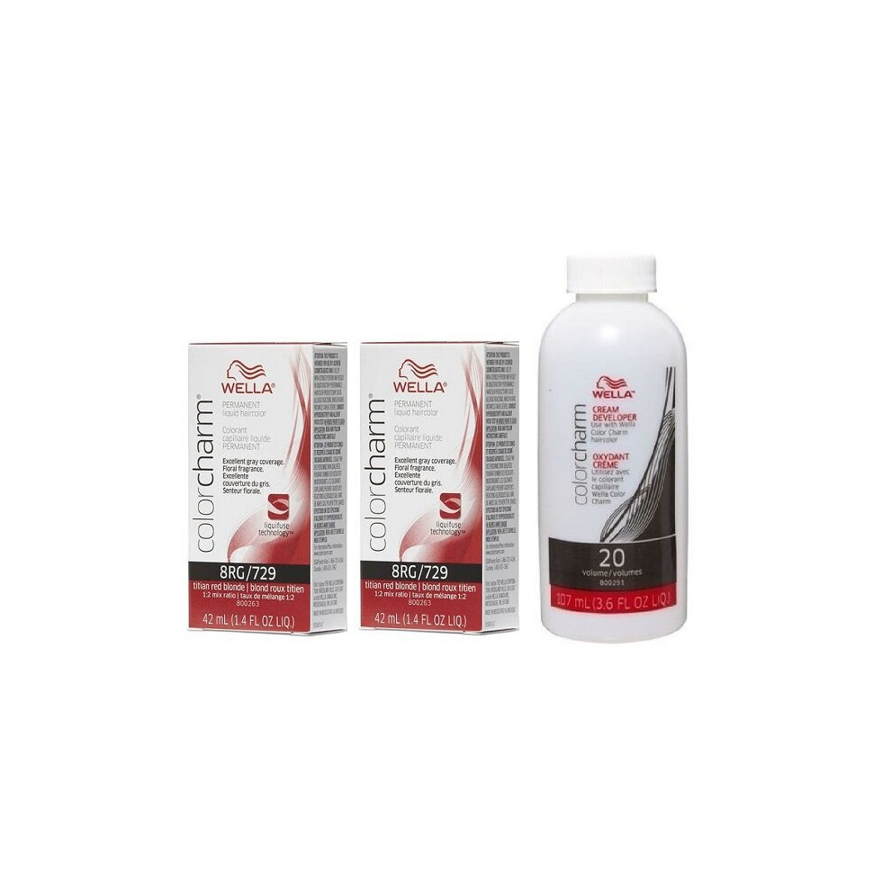 (8RG(2)+Dev(Vol.20)3.6oz) Wella 8RG Titian Red Blonde Color Charm Permanent Liquid Haircolor