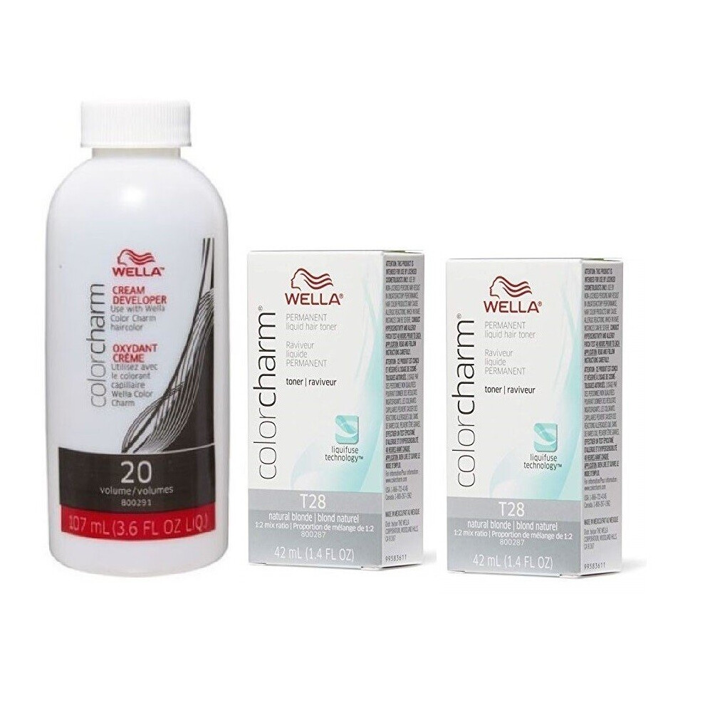 (T28 (2x), Dev (Vol.20) 3.6oz) Wella Color Charm T11 Lightest Beige Blonde Permanent Liquid Hair Toner